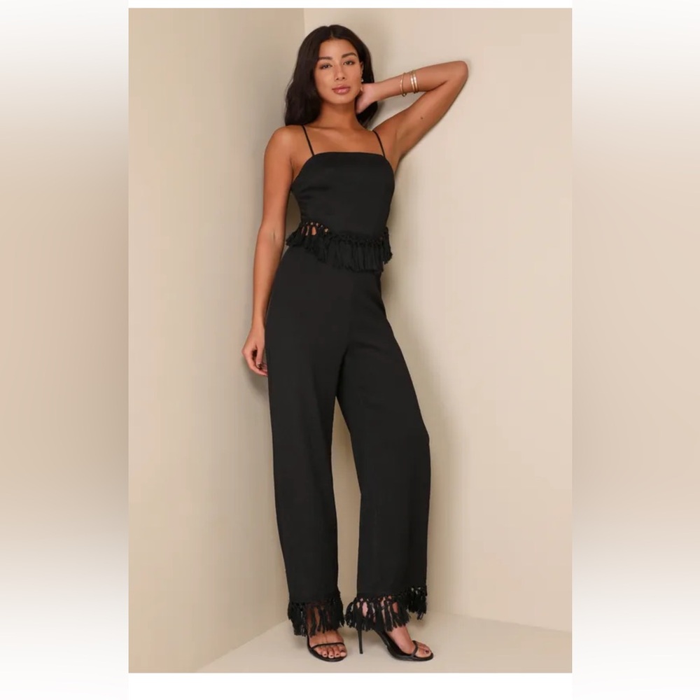 Reduced! Lulus Getaway Black Crinkled Cutout Tasseled Wide-leg Jumpsuit - Size L - Picture 2 of 5
